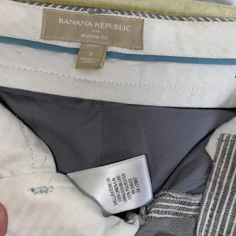 WOMENS BANANA REPUBLIC MARTIN FIT GRAY / WHITE STRIPED LINED LINEN PANTS SIZE 2